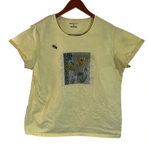 Basic Editions Yellow Short Sleeve T Shirt 2X Graphic Dragonfly Glitter Flowers